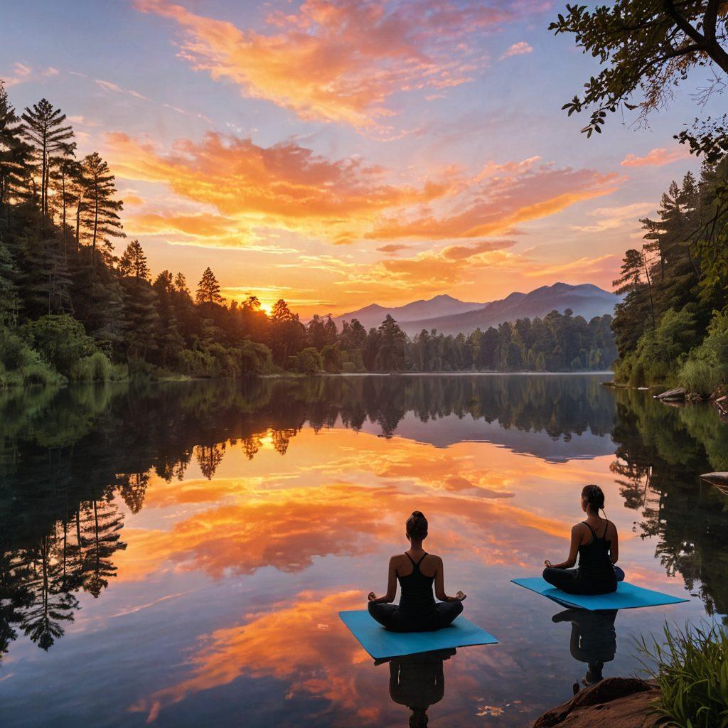 A serene landscape featuring a calm lake reflecting the sunset, symbolizing tranquility and mental well-being. In the foreground, a diverse group of individuals engaged in various wellness activities like yoga, journaling, and meditation. Incorporate calming colors like soft blues and warm oranges to evoke a sense of empowerment and peace. Include subtle graphics of quotes about mental health floating in the air. super-realistic. vibrant colors. 3D.
