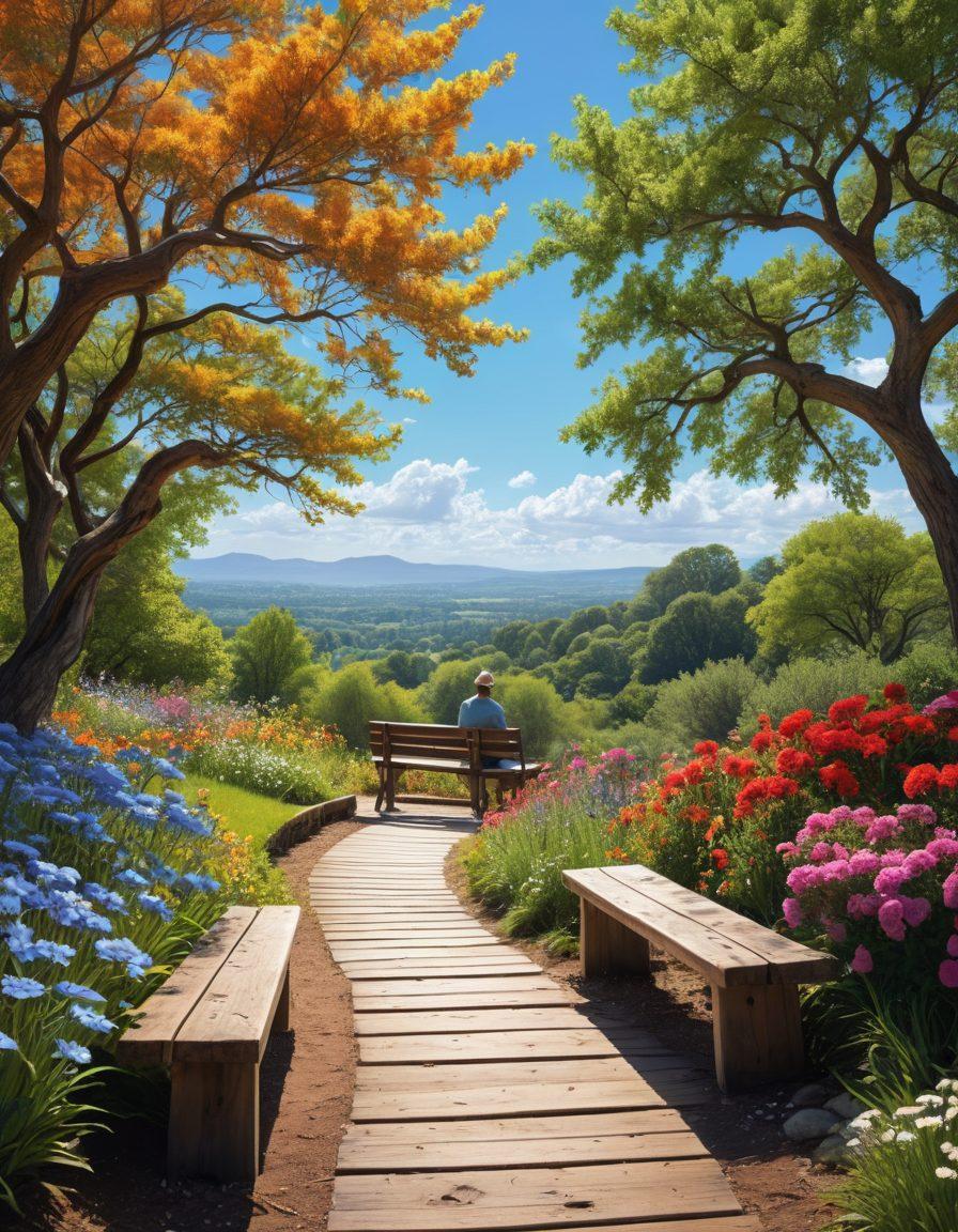 A serene landscape with a winding path leading towards a bright horizon, symbolizing personal growth. Include a figure sitting on a bench, journaling, surrounded by lush trees and flowers representing emotional support. Above, uplifting quotes are subtly integrated into the sky. The overall atmosphere is inspiring and peaceful. super-realistic. vibrant colors. soft focus.