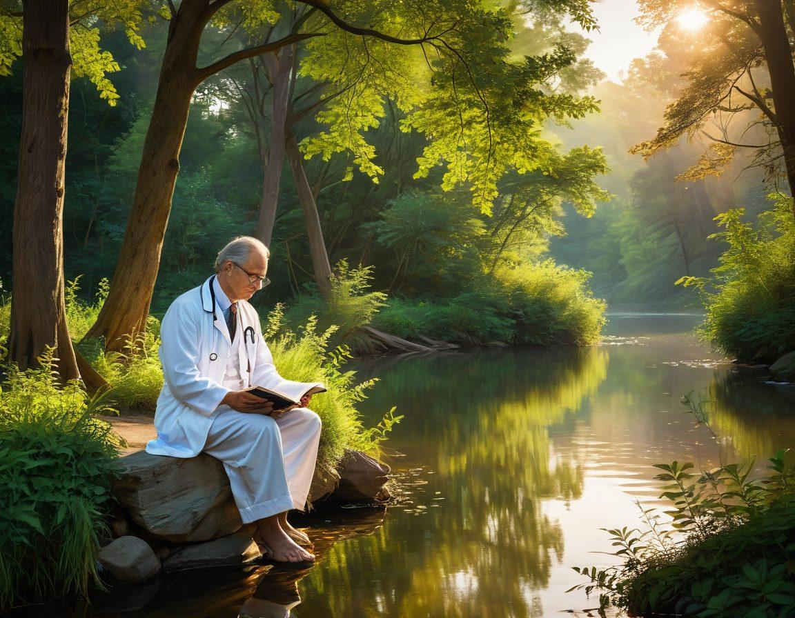 A serene landscape featuring a calm river flowing through lush greenery, symbolizing the journey to well-being. In the foreground, a thoughtful figure resembling a wise doctor, perhaps with glasses, is contemplating while holding a health-related book, representing Doctor Phil's wisdom. Soft sunlight filters through the trees, creating an aura of tranquility. Inspirational quotes are subtly integrated into the background. vibrant colors. painting.